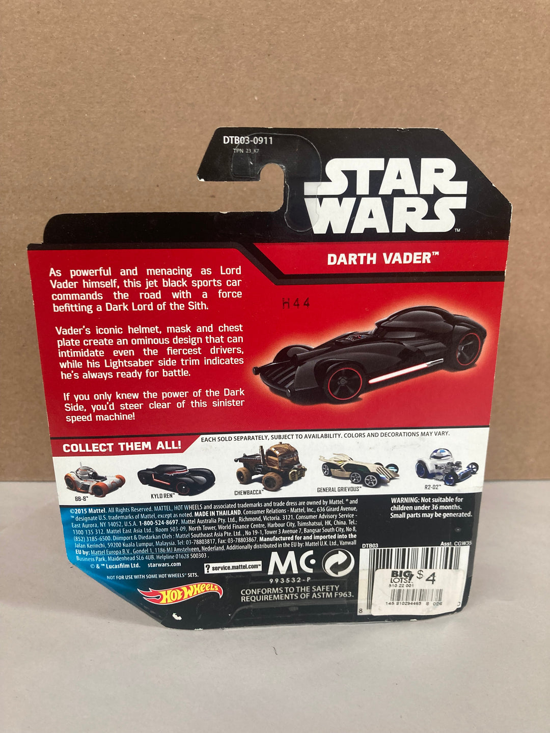 Star Wars Hot Wheels Darth Vader car Mattel 2015