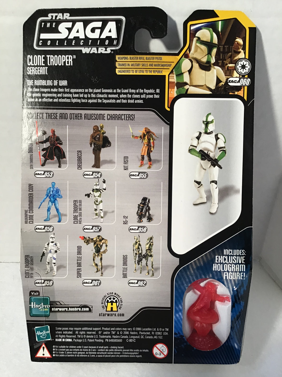 Star Wars II: Attack of the Clones Clone Trooper Sergeant #060 Saga Collection with Hologram FigureHasbro 2006 SEALED MOC